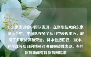 1. 东京奥运会中国队表现，在刚刚结束的东京奥运会中，中国队在多个项目中表现出色，取得了多项奖牌和荣誉。其中包括田径、游泳、乒乓球等项目的精彩对决和突破性表现。有料体育新闻有料体育网鸣潮