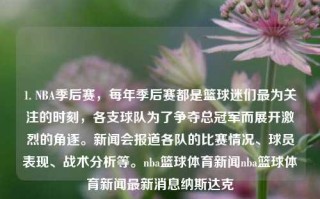 1. NBA季后赛，每年季后赛都是篮球迷们最为关注的时刻，各支球队为了争夺总冠军而展开激烈的角逐。新闻会报道各队的比赛情况、球员表现、战术分析等。nba篮球体育新闻nba篮球体育新闻最新消息纳斯达克