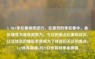 1. NBA季后赛继续进行，在激烈的季后赛中，各队继续为晋级而努力。今日的焦点比赛和战况，以及球员的精彩表现成为了球迷们关注的焦点。4.12体育新闻4月22日体育时事金牌榜