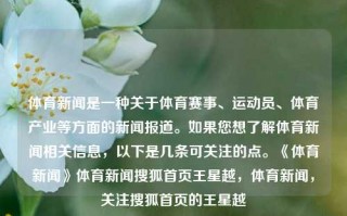 体育新闻是一种关于体育赛事、运动员、体育产业等方面的新闻报道。如果您想了解体育新闻相关信息，以下是几条可关注的点。《体育新闻》体育新闻搜狐首页王星越，体育新闻，关注搜狐首页的王星越，体育新闻搜索的新渠道，王星越关注之下的体育资讯追踪