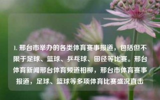 1. 邢台市举办的各类体育赛事报道，包括但不限于足球、篮球、乒乓球、田径等比赛。邢台体育新闻邢台体育频道相柳，邢台市体育赛事报道，足球、篮球等多项体育比赛盛况直击，邢台市多元体育赛事盛况纪实，足球、篮球等多项体育比赛激情无限