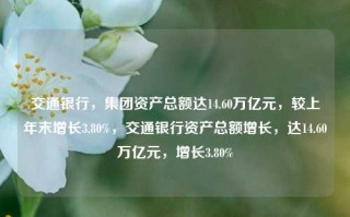 交通银行，集团资产总额达14.60万亿元，较上年末增长3.80%，交通银行资产总额增长，达14.60万亿元，增长3.80%