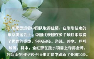 1. 东京奥运会中国队取得佳绩，在刚刚结束的东京奥运会上，中国代表团在多个项目中取得了优异的成绩，包括田径、游泳、跳水、乒乓球等。其中，全红婵在跳水项目上夺得金牌，苏炳添在田径男子100米比赛中刷新了亚洲纪录。精选体育新闻体育新闻!赛力斯