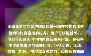 中国体育新闻客户端直播是一种在线观看体育新闻和比赛直播的服务。用户可以通过手机、电脑等设备访问中国体育新闻客户端，观看各类体育赛事的直播或回放，包括足球、篮球、网球、游泳、田径等众多项目。中国体育新闻客户端直播中国体育新闻网站钉钉