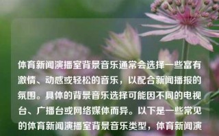 体育新闻演播室背景音乐通常会选择一些富有激情、动感或轻松的音乐，以配合新闻播报的氛围。具体的背景音乐选择可能因不同的电视台、广播台或网络媒体而异。以下是一些常见的体育新闻演播室背景音乐类型，体育新闻演播室背景音乐体育新闻演播室背景音乐叫什么纳斯达克