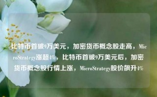 比特币首破9万美元，加密货币概念股走高，MicroStrategy涨超4%，比特币首破9万美元后，加密货币概念股行情上涨，MicroStrategy股价飙升4%