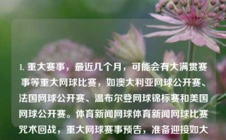 1. 重大赛事，最近几个月，可能会有大满贯赛事等重大网球比赛，如澳大利亚网球公开赛、法国网球公开赛、温布尔登网球锦标赛和美国网球公开赛。体育新闻网球体育新闻网球比赛咒术回战，重大网球赛事预告，准备迎接如大满贯、澳大利亚网球公开赛、法国网球公开赛等精彩比赛，符合你的要求。，网球盛宴，大满贯及各网球公开赛盛大预告。