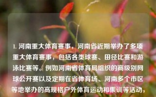 1. 河南重大体育赛事，河南省近期举办了多项重大体育赛事，包括各类球赛、田径比赛和游泳比赛等。例如河南省体育局组织的高级别网球公开赛以及定期在省体育场、河南多个市区等地举办的高规格户外体育运动和集训等活动，持续提高市民对于健康运动生活的意识，和全国相比实现了多种优秀的成果和较好的体现，引人关注。河南体育新闻河南体育新闻网官网昌雅妮，河南重大体育赛事及运动热潮展示健康河南风采，河南体育盛事，展现健康河南风采