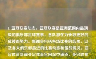 1. 亚冠联赛动态，亚冠联赛是亚洲范围内最顶级的俱乐部足球赛事，各队都在为争取更好的成绩而努力。新闻会包括各场比赛的结果，以及各大俱乐部最近的比赛动态和备战情况。亚冠体育新闻亚冠体育官网深中通道，亚冠联赛最新动态，各队为荣誉而战，比赛结果与备战情况一览，亚冠联赛动态，荣誉之战，各队全力备战争取佳绩