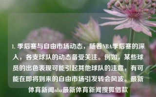 1. 季后赛与自由市场动态，随着NBA季后赛的深入，各支球队的动态备受关注。例如，某些球员的出色表现可能引起其他球队的注意，有可能在即将到来的自由市场引发转会风波。最新体育新闻nba最新体育新闻搜狐借款