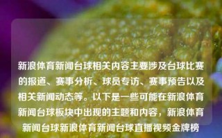 新浪体育新闻台球相关内容主要涉及台球比赛的报道、赛事分析、球员专访、赛事预告以及相关新闻动态等。以下是一些可能在新浪体育新闻台球板块中出现的主题和内容，新浪体育新闻台球新浪体育新闻台球直播视频金牌榜