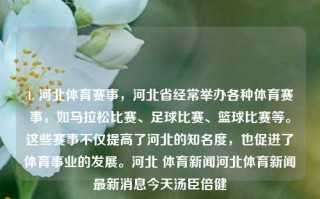 1. 河北体育赛事，河北省经常举办各种体育赛事，如马拉松比赛、足球比赛、篮球比赛等。这些赛事不仅提高了河北的知名度，也促进了体育事业的发展。河北 体育新闻河北体育新闻最新消息今天汤臣倍健