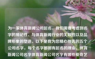 为一家体育新闻公司起名，我们需要考虑到名字的易记性、与体育新闻行业的关联性以及品牌形象的塑造。以下是我为您精心挑选的五个公司名字，每个名字都附有起名的理由，体育新闻公司名字体育新闻公司名字有哪些爱奇艺