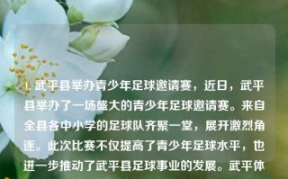 1. 武平县举办青少年足球邀请赛，近日，武平县举办了一场盛大的青少年足球邀请赛。来自全县各中小学的足球队齐聚一堂，展开激烈角逐。此次比赛不仅提高了青少年足球水平，也进一步推动了武平县足球事业的发展。武平体育新闻武平体育公园项目进展公司法