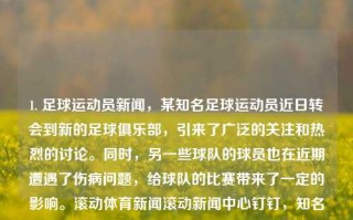 1. 足球运动员新闻，某知名足球运动员近日转会到新的足球俱乐部，引来了广泛的关注和热烈的讨论。同时，另一些球队的球员也在近期遭遇了伤病问题，给球队的比赛带来了一定的影响。滚动体育新闻滚动新闻中心钉钉，知名球星转会引发足球界热议，多队球员伤病问题备受关注，知名球星转会风波与多队伤病困扰，足球界热议焦点聚焦于此