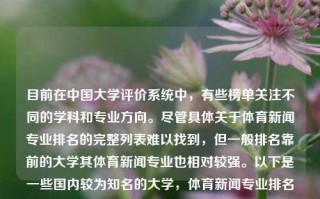 目前在中国大学评价系统中，有些榜单关注不同的学科和专业方向。尽管具体关于体育新闻专业排名的完整列表难以找到，但一般排名靠前的大学其体育新闻专业也相对较强。以下是一些国内较为知名的大学，体育新闻专业排名体育新闻哪个大学最好科大讯飞，中国大学体育新闻专业排名及科大讯飞在体育新闻领域的表现，中国大学体育新闻专业排名及科大讯飞在体育新闻领域的表现概述