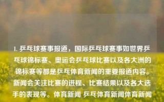 1. 乒乓球赛事报道，国际乒乓球赛事如世界乒乓球锦标赛、奥运会乒乓球比赛以及各大洲的锦标赛等都是乒乓体育新闻的重要报道内容。新闻会关注比赛的进程、比赛结果以及各大选手的表现等。体育新闻 乒乓体育新闻体育新闻乒乓球最新消息报道匈牙利