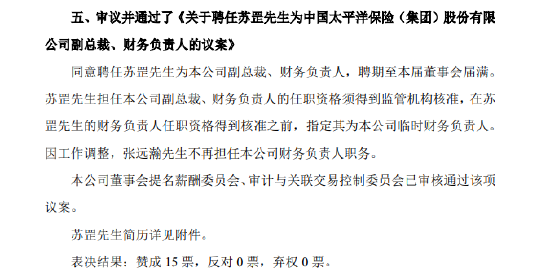 中国太保：同意聘任苏罡为副总裁、财务负责人-第1张图片-体育新闻