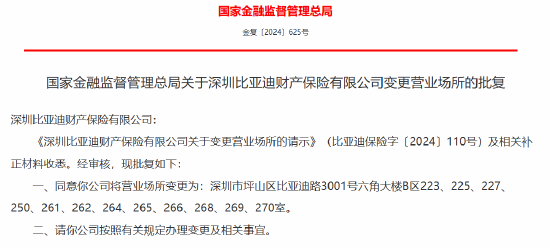 深圳比亚迪财产保险有限公司获批变更营业场所-第1张图片-体育新闻