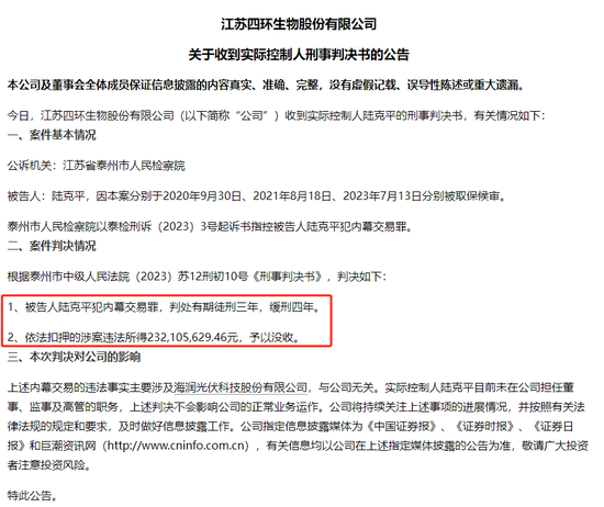 四环生物实控人陆克平犯内幕交易罪，被判处有期徒刑三年缓刑四年、没收违法所得2.32亿元-第1张图片-体育新闻