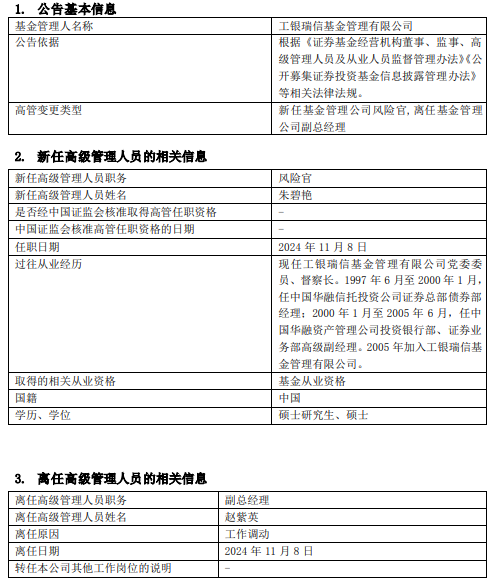 工银瑞信基金高管变更：副总经理赵紫英离任 新任朱碧艳为风险官-第1张图片-体育新闻