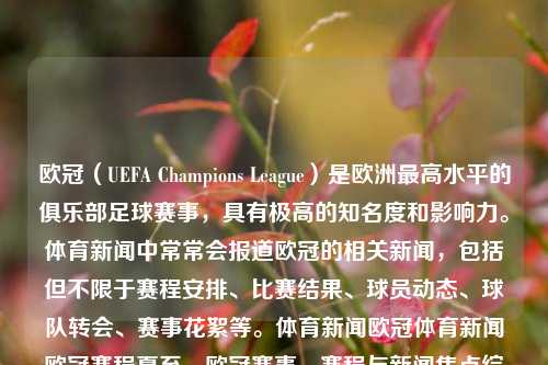 欧冠（UEFA Champions League）是欧洲最高水平的俱乐部足球赛事，具有极高的知名度和影响力。体育新闻中常常会报道欧冠的相关新闻，包括但不限于赛程安排、比赛结果、球员动态、球队转会、赛事花絮等。体育新闻欧冠体育新闻欧冠赛程夏至，欧冠赛事，赛程与新闻焦点综述，UEFA 冠军联赛，欧冠赛程与新闻焦点综述-第1张图片-体育新闻