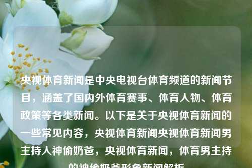 央视体育新闻是中央电视台体育频道的新闻节目，涵盖了国内外体育赛事、体育人物、体育政策等各类新闻。以下是关于央视体育新闻的一些常见内容，央视体育新闻央视体育新闻男主持人神偷奶爸，央视体育新闻，体育男主持的神偷奶爸形象新闻解析，央视体育新闻，男主持神偷奶爸形象新闻解析-第1张图片-体育新闻