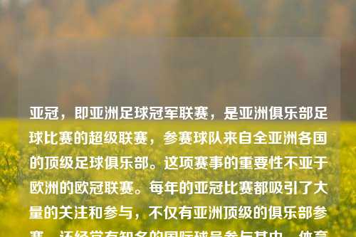 亚冠，即亚洲足球冠军联赛，是亚洲俱乐部足球比赛的超级联赛，参赛球队来自全亚洲各国的顶级足球俱乐部。这项赛事的重要性不亚于欧洲的欧冠联赛。每年的亚冠比赛都吸引了大量的关注和参与，不仅有亚洲顶级的俱乐部参赛，还经常有知名的国际球员参与其中。体育新闻亚冠体育新闻亚冠直播格鲁吉亚，亚冠体育新闻，格鲁吉亚球队的亚冠直播赛事解析，格鲁吉亚球队盛情迎战，亚冠赛事的剖析与新闻报道-第1张图片-体育新闻