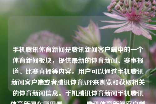 手机腾讯体育新闻是腾讯新闻客户端中的一个体育新闻板块，提供最新的体育新闻、赛事报道、比赛直播等内容。用户可以通过手机腾讯新闻客户端或者腾讯体育APP来浏览和获取相关的体育新闻信息。手机腾讯体育新闻手机腾讯体育新闻在哪里看manner，腾讯体育新闻客户端，手机腾讯体育新闻的获取与浏览方式-第1张图片-体育新闻