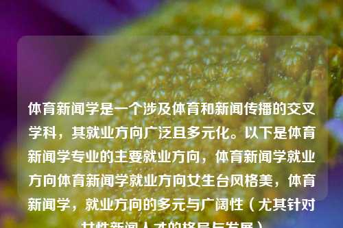 体育新闻学是一个涉及体育和新闻传播的交叉学科，其就业方向广泛且多元化。以下是体育新闻学专业的主要就业方向，体育新闻学就业方向体育新闻学就业方向女生台风格美，体育新闻学，就业方向的多元与广阔性（尤其针对女性新闻人才的格局与发展），体育新闻学，女性新闻人才的多元就业格局与发展路径-第1张图片-体育新闻