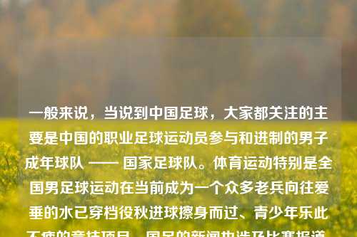 一般来说，当说到中国足球，大家都关注的主要是中国的职业足球运动员参与和进制的男子成年球队 —— 国家足球队。体育运动特别是全国男足球运动在当前成为一个众多老兵向往爱垂的水已穿档役秋进球擦身而过、青少年乐此不疲的竞技项目。国足的新闻也涉及比赛报道、赛事安排、队员动态、训练状况等各个方面。体育新闻国足体育新闻国足参加世界杯预选匈牙利，中国足球，国足征战世界杯预选赛的新闻与竞技动态，中国男足国家队，征战世界杯预选赛的竞技与关注焦点-第1张图片-体育新闻