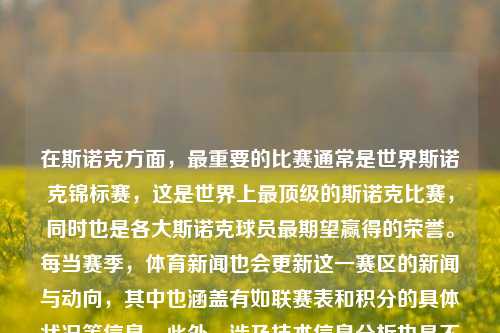 在斯诺克方面，最重要的比赛通常是世界斯诺克锦标赛，这是世界上最顶级的斯诺克比赛，同时也是各大斯诺克球员最期望赢得的荣誉。每当赛季，体育新闻也会更新这一赛区的新闻与动向，其中也涵盖有如联赛表和积分的具体状况等信息。此外，涉及技术信息分析也是不可或缺的一部分，例如球员的出杆速度、走位策略等。体育新闻斯诺克体育新闻斯诺克世锦赛姜萍，斯诺克世锦赛，顶级赛事与实时新闻报道的焦点，斯诺克世锦赛，顶级赛事与实时新闻报道的焦点-第1张图片-体育新闻