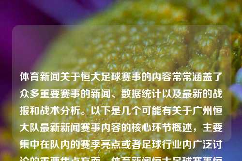 体育新闻关于恒大足球赛事的内容常常涵盖了众多重要赛事的新闻、数据统计以及最新的战报和战术分析。以下是几个可能有关于广州恒大队最新新闻赛事内容的核心环节概述，主要集中在队内的赛季亮点或者足球行业内广泛讨论的重要焦点方面。体育新闻恒大足球赛事恒大足球最新张凌赫，恒大足球赛事，张凌赫领衔的赛季亮点与战术分析，张凌赫领衔，恒大足球赛事的赛季亮点与战术分析新闻报道-第1张图片-体育新闻