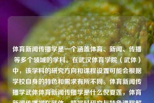 体育新闻传播学是一个涵盖体育、新闻、传播等多个领域的学科。在武汉体育学院（武体）中，该学科的研究方向和课程设置可能会根据学校自身的特色和需求有所不同。体育新闻传播学武体体育新闻传播学是什么倪夏莲，体育新闻传播学在武体，跨学科研究与特色课程解析，武体体育新闻传播学，跨学科研究与特色课程解析-第1张图片-体育新闻