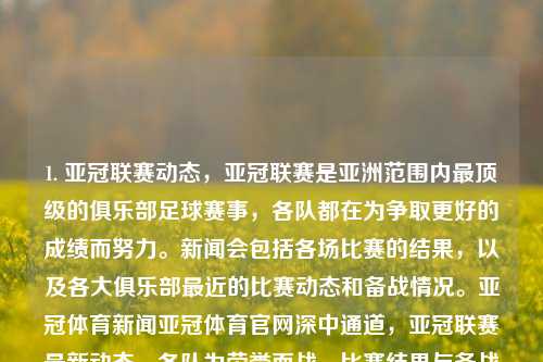 1. 亚冠联赛动态，亚冠联赛是亚洲范围内最顶级的俱乐部足球赛事，各队都在为争取更好的成绩而努力。新闻会包括各场比赛的结果，以及各大俱乐部最近的比赛动态和备战情况。亚冠体育新闻亚冠体育官网深中通道，亚冠联赛最新动态，各队为荣誉而战，比赛结果与备战情况一览，亚冠联赛动态，荣誉之战，各队全力备战争取佳绩-第1张图片-体育新闻