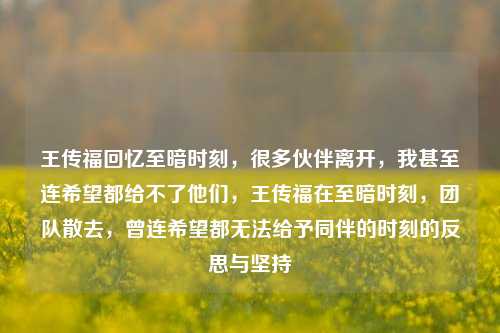 王传福回忆至暗时刻，很多伙伴离开，我甚至连希望都给不了他们，王传福在至暗时刻，团队散去，曾连希望都无法给予同伴的时刻的反思与坚持-第1张图片-体育新闻