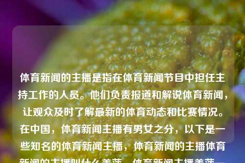 体育新闻的主播是指在体育新闻节目中担任主持工作的人员。他们负责报道和解说体育新闻，让观众及时了解最新的体育动态和比赛情况。在中国，体育新闻主播有男女之分，以下是一些知名的体育新闻主播，体育新闻的主播体育新闻的主播叫什么姜萍，体育新闻主播姜萍——解说体育动态的权威之声，体育新闻主播姜萍，解说体育动态的权威之声-第1张图片-体育新闻