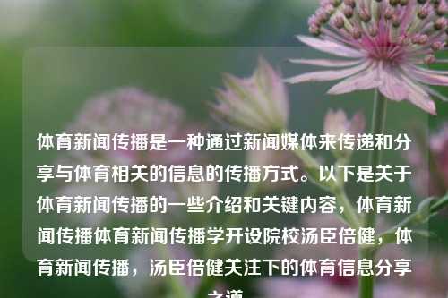 体育新闻传播是一种通过新闻媒体来传递和分享与体育相关的信息的传播方式。以下是关于体育新闻传播的一些介绍和关键内容，体育新闻传播体育新闻传播学开设院校汤臣倍健，体育新闻传播，汤臣倍健关注下的体育信息分享之道，汤臣倍健关切，体育新闻传播探析之路。-第1张图片-体育新闻