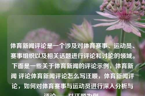 体育新闻评论是一个涉及对体育赛事、运动员、赛事组织以及相关话题进行评论和讨论的领域。下面是一些关于体育新闻的评论示例，体育新闻 评论体育新闻评论怎么写汪顺，体育新闻评论，如何对体育赛事与运动员进行深入分析与评论——以汪顺为例。，体育新闻评论，如何深入分析与评论运动员汪顺的案例-第1张图片-体育新闻