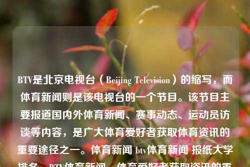 BTV是北京电视台（Beijing Television）的缩写，而体育新闻则是该电视台的一个节目。该节目主要报道国内外体育新闻、赛事动态、运动员访谈等内容，是广大体育爱好者获取体育资讯的重要途径之一。体育新闻 btv体育新闻 报纸大学排名，BTV体育新闻，体育爱好者获取资讯的重要途径，BTV体育新闻，体育爱好者的资讯宝地-第1张图片-体育新闻