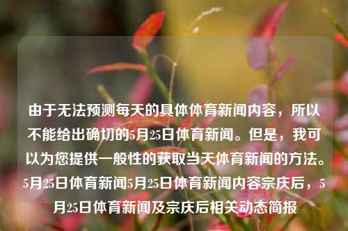 由于无法预测每天的具体体育新闻内容，所以不能给出确切的5月25日体育新闻。但是，我可以为您提供一般性的获取当天体育新闻的方法。5月25日体育新闻5月25日体育新闻内容宗庆后，5月25日体育新闻及宗庆后相关动态简报，宗庆后相关动态简报与5月25日体育新闻一览-第1张图片-体育新闻