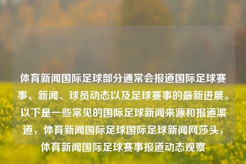 体育新闻国际足球部分通常会报道国际足球赛事、新闻、球员动态以及足球赛事的最新进展。以下是一些常见的国际足球新闻来源和报道渠道，体育新闻国际足球国际足球新闻网莎头，体育新闻国际足球赛事报道动态观察，国际足球新闻，赛事报道、球员动态及全球进展概览-第1张图片-体育新闻