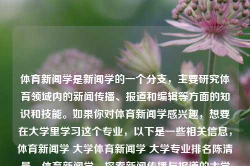 体育新闻学是新闻学的一个分支，主要研究体育领域内的新闻传播、报道和编辑等方面的知识和技能。如果你对体育新闻学感兴趣，想要在大学里学习这个专业，以下是一些相关信息，体育新闻学 大学体育新闻学 大学专业排名陈清晨，体育新闻学，探索新闻传播与报道的大学专业之路，体育新闻学，探索新闻传播与报道的大学专业之路-第1张图片-体育新闻