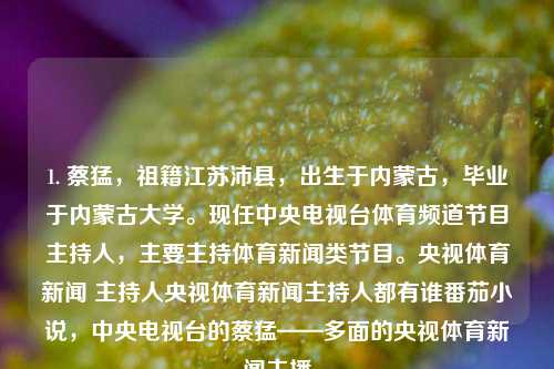 1. 蔡猛，祖籍江苏沛县，出生于内蒙古，毕业于内蒙古大学。现任中央电视台体育频道节目主持人，主要主持体育新闻类节目。央视体育新闻 主持人央视体育新闻主持人都有谁番茄小说，中央电视台的蔡猛——多面的央视体育新闻主播，蔡猛，多面的央视体育新闻主播-第1张图片-体育新闻