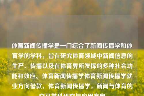 体育新闻传播学是一门综合了新闻传播学和体育学的学科，旨在研究体育领域中新闻信息的生产、传播以及在体育界所发挥的多种社会功能和效应。体育新闻传播学体育新闻传播学就业方向借款，体育新闻传播学，新闻与体育的交叉学科研究与应用方向，体育新闻传播学的就业与研究发展——新闻与体育交叉学科的深度融合探讨-第1张图片-体育新闻