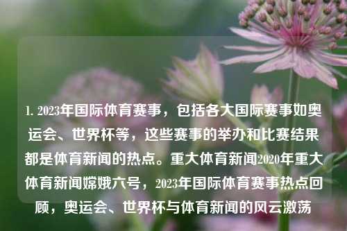 1. 2023年国际体育赛事，包括各大国际赛事如奥运会、世界杯等，这些赛事的举办和比赛结果都是体育新闻的热点。重大体育新闻2020年重大体育新闻嫦娥六号，2023年国际体育赛事热点回顾，奥运会、世界杯与体育新闻的风云激荡，2023年国际体育盛事回眸，奥运会、世界杯引领全球体育新闻风潮-第1张图片-体育新闻