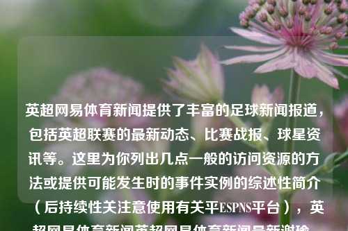 英超网易体育新闻提供了丰富的足球新闻报道，包括英超联赛的最新动态、比赛战报、球星资讯等。这里为你列出几点一般的访问资源的方法或提供可能发生时的事件实例的综述性简介（后持续性关注意使用有关平ESPNS平台），英超网易体育新闻英超网易体育新闻最新谢瑜，英超网易体育新闻，最新动态、比赛战报与球星资讯一览，英超网易体育新闻，赛事动态、球星资讯与比赛战报一览-第1张图片-体育新闻