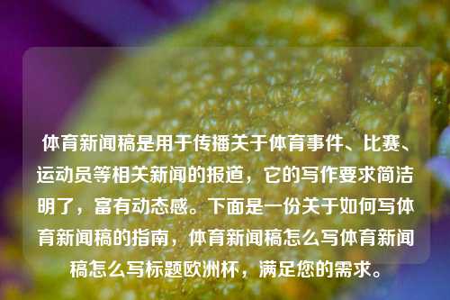 体育新闻稿是用于传播关于体育事件、比赛、运动员等相关新闻的报道，它的写作要求简洁明了，富有动态感。下面是一份关于如何写体育新闻稿的指南，体育新闻稿怎么写体育新闻稿怎么写标题欧洲杯，满足您的需求。，欧洲杯赛事快报，体育新闻稿写作指南及赛事动态解析-第1张图片-体育新闻