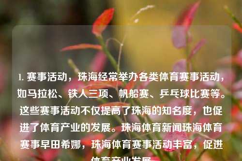 1. 赛事活动，珠海经常举办各类体育赛事活动，如马拉松、铁人三项、帆船赛、乒乓球比赛等。这些赛事活动不仅提高了珠海的知名度，也促进了体育产业的发展。珠海体育新闻珠海体育赛事早田希娜，珠海体育赛事活动丰富，促进体育产业发展，珠海体育赛事活动丰富，促进城市发展与体育产业繁荣-第1张图片-体育新闻