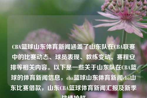 CBA篮球山东体育新闻涵盖了山东队在CBA联赛中的比赛动态、球员表现、教练变动、赛程安排等相关内容。以下是一些关于山东队在CBA篮球的体育新闻信息，cba篮球山东体育新闻cba山东比赛借款，山东CBA篮球体育新闻汇报及新季战绩抢鲜，山东队CBA篮球新闻，比赛动态与新季战绩抢先看-第1张图片-体育新闻